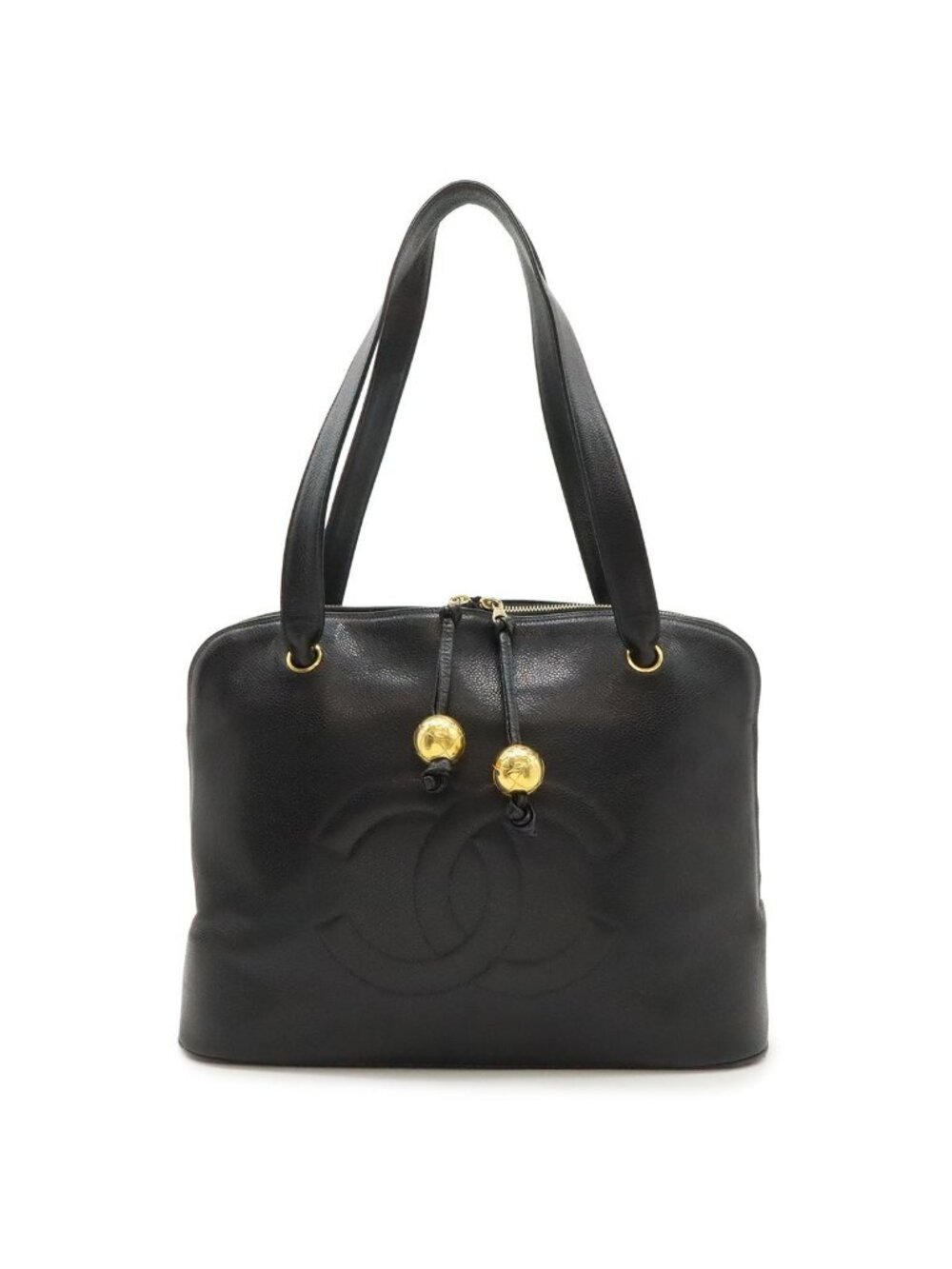 Chanel CC Logo Chain Tote Shoulder Bag Caviar Leather Black Gold